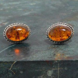 SOLD---Vintage Amber Earrings 925 Sterling Silver Stud Retro Braided Bezel